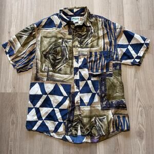 Men's Vintage 90's Pure Blue Green Silk Abstract Button Up Shirt Sz Medium VTG